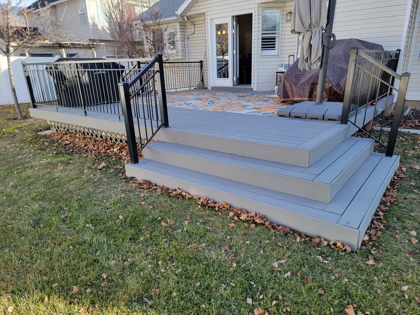 The steps and rail from the lawn