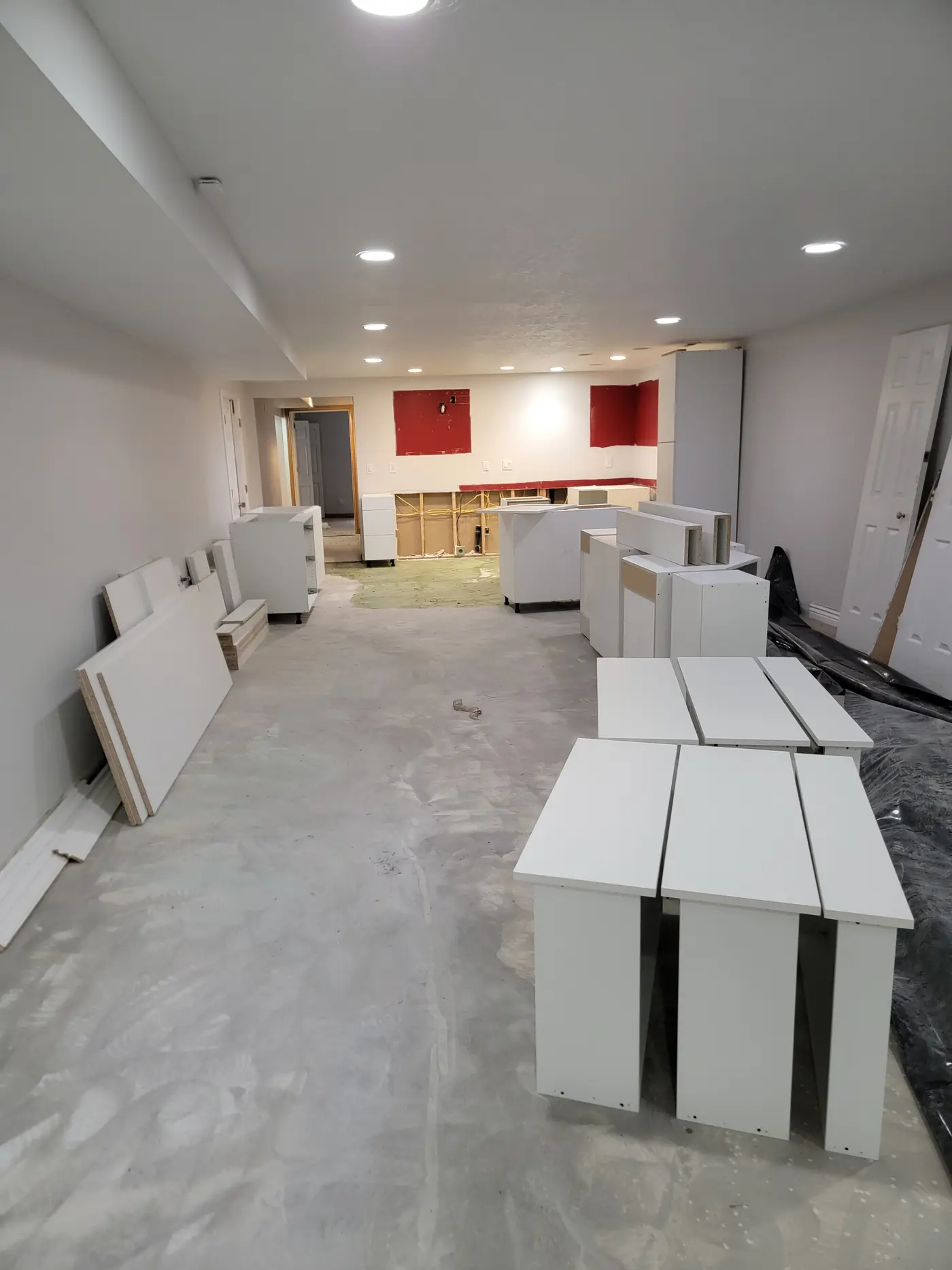 Cabinets stacked in the middle of the room